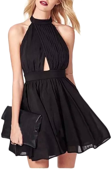 Plain Pleated Halter Sleeveless Cutout A-Line Dress