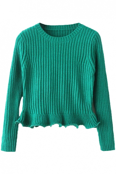 Plain Round Neck Ruffle Hem Long Sleeve Fitted Crop Sweater