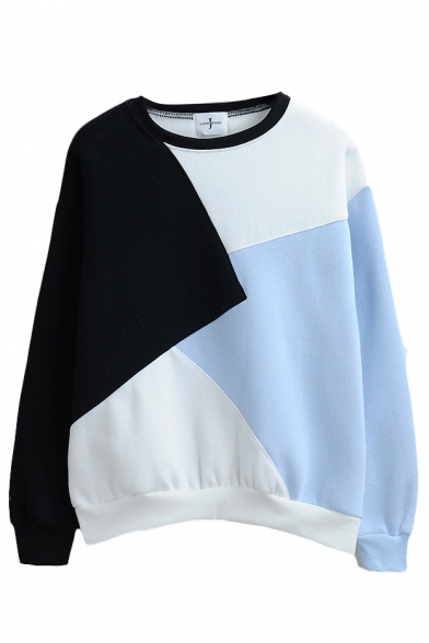 Round Neck Color Block Patchwork Long Sleeve Sweatshirt