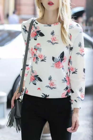 Round Neck Long Sleeve Floral Pullover Sweatshirt