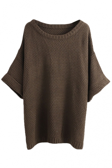 Round Neck Plain Half Sleeve Knit Loose Sweater
