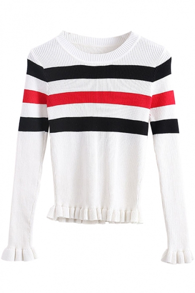 Stripe Round Neck Long Sleeve Ruffle Hem Sweater