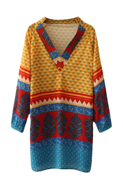 Tribal Print V-Neck Long Sleeve Shirt Dress