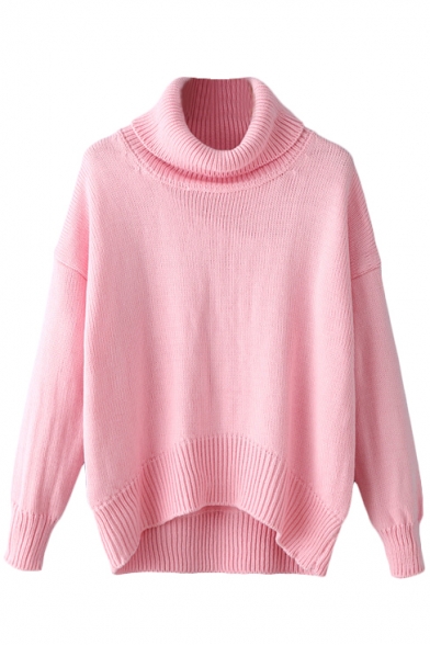 Turtle Neck Plain Long Sleeve High Low Sweater