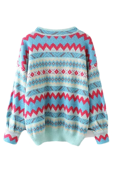 Colorblock Geometric Pattern Round Neck Long Sleeve Knit Sweater ...