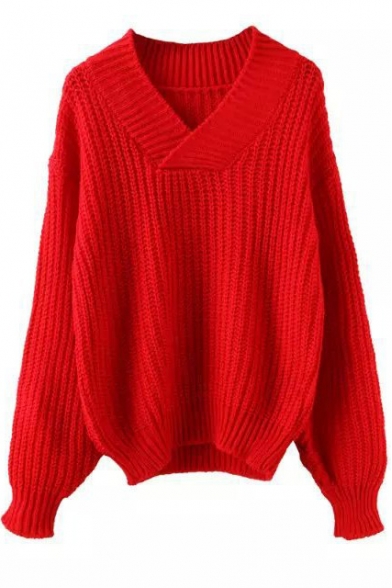 Plain Long Sleeve V-Neck Slim Sweater