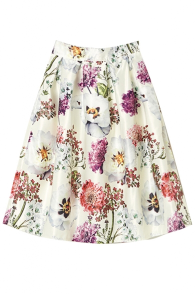 Floral Print High Waist Midi Full Skirt - Beautifulhalo.com