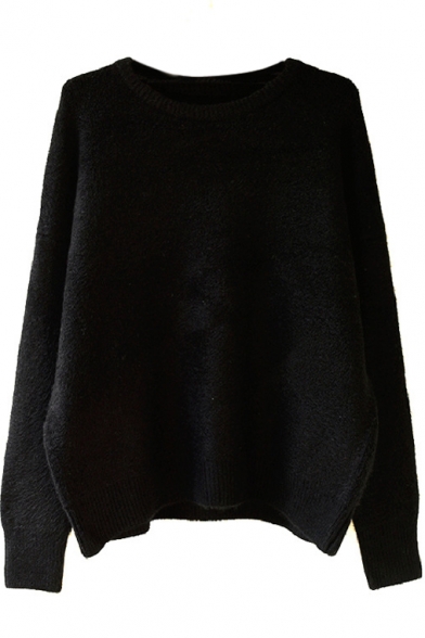 Plain Round Neck Long Sleeve Angola Sweater - Beautifulhalo.com