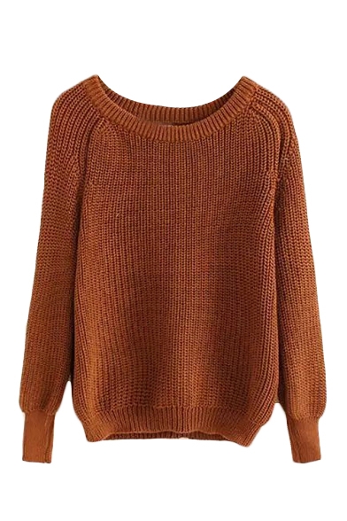 Plain Round Neck Raglan Sleeve Knit Sweater - Beautifulhalo.com