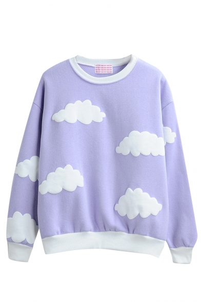 Round Neck Long Sleeve Cloud Print Sweatshirt