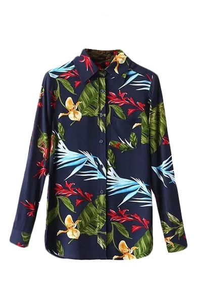 Single Breasted Lapel Long Sleeve Floral Print Shirt
