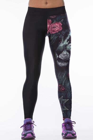 Black Tiger Floral Print Elastic Waist Yoga Leggings
