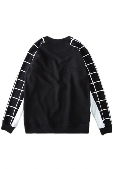 Round Neck Long Sleeve Pullover Plaid Detail Sweatshirt