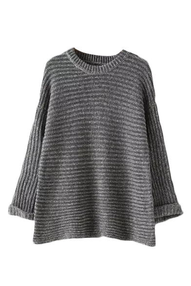 Round Neck Ripped Knit Long Sleeve Cuffed Sweater