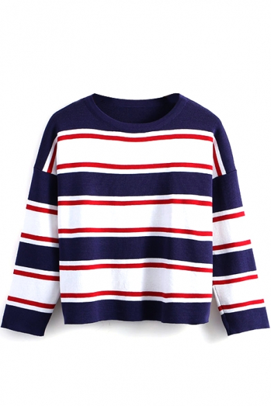 Stripe Round Neck Color Block Long Sleeve Sweater