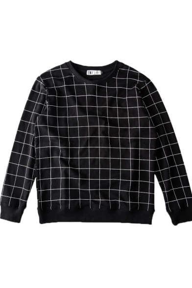 Black Round Neck Long Sleeve Plaid Pullover Sweatshirt - Beautifulhalo.com
