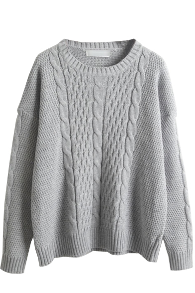 Cable Knit Long Sleeve Round Neck Fitted Sweater