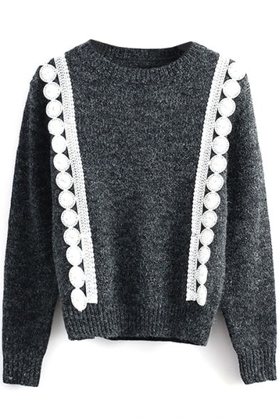Round Neck Long Sleeve Crochet Beaded Knit Sweater