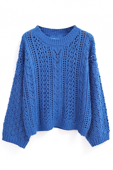 Round Neck Plain Open-Knit Long Sleeve Sweater