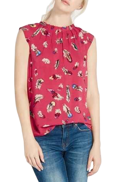 Round Neck Pleated Front Sleeveless Wing Print Shirt
