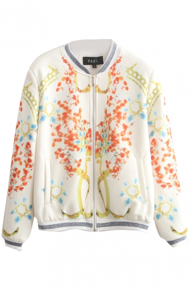 Stand Collar White Background Long Sleeve Abstract Print Bomber Jacket