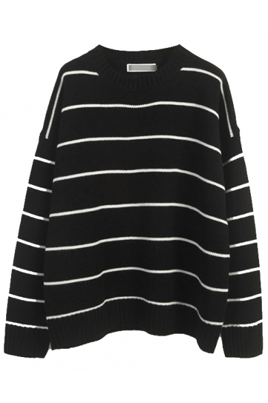 Stripe Round Neck Long Sleeve Tunic Sweater
