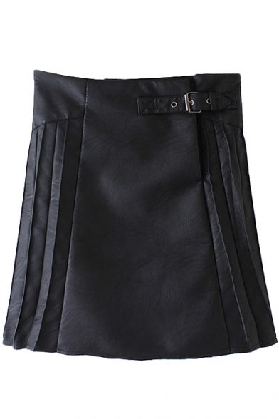 Black High Waist Pleated PU Skirt - Beautifulhalo.com