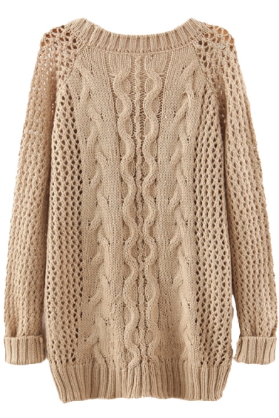 Plain Raglan Sleeve Cable Open Knit Sweater - Beautifulhalo.com