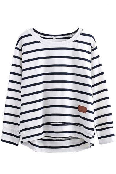 Stripe Leather Applique Round Neck Long Sleeve Tee - Beautifulhalo.com