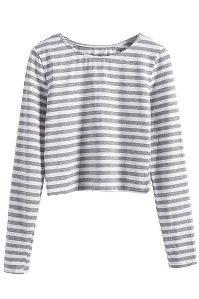 Stripe Print Long Sleeve Crop T-Shirt