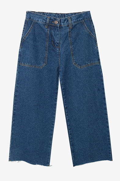Wide Leg Zipper Fly Cropped Dark Blue Raw Edge Jeans