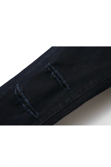 Black Single Button Zipper Ripped Knee Jeans