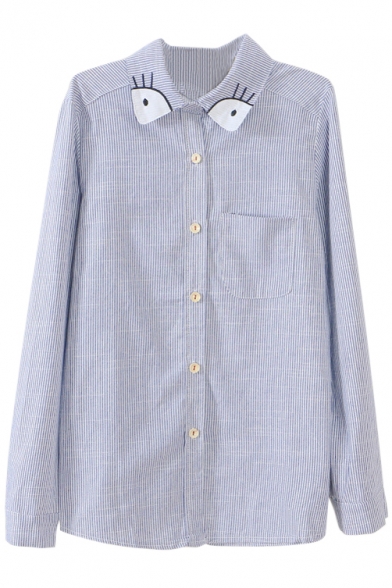 Embroidery Lapel Long Sleeve Button Down Striped Shirt