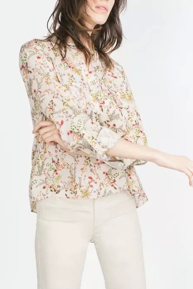 Floral Print Collarless Single Breasted High Low Shirt