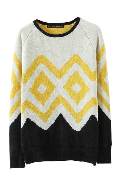 Geometric Pattern Round Neck Long Sleeve Color Block Sweater