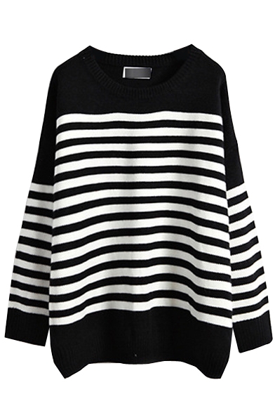 Striped Long Sleeve Round Neck Tunic Sweater - Beautifulhalo.com