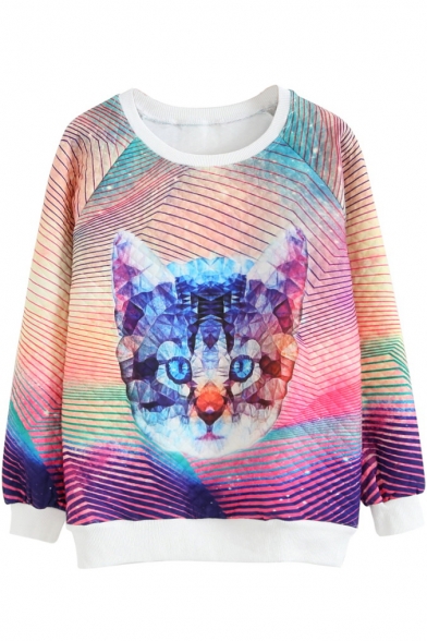 Cat Print Round Neck Long Sleeve Pullover Sweatshirt
