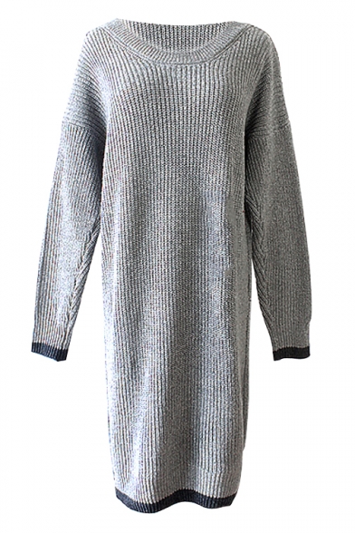 Gray Long Sleeve Color Block Trim Sweater Dress