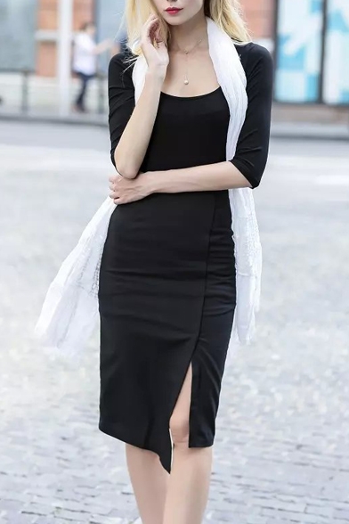 Plain Asymmetrical Hem Split Side Zipper Back Midi Wrap Skirt