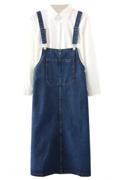 Pocket Detail Dark Blue Denim Overall Skirt