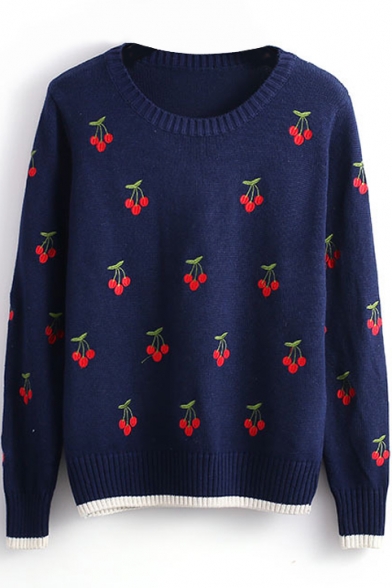 Round Neck Cherry Print Long Sleeve Knit Sweater