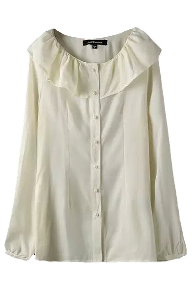 Round Neck Plain White Long Sleeve Single Breasted Ruffle Hem Shirt