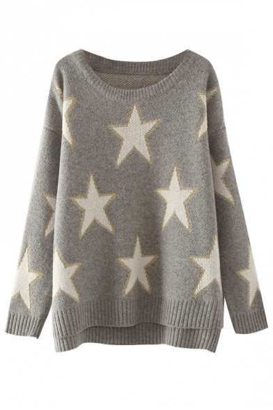 Star Pattern Long Sleeve High Low Sweater - Beautifulhalo.com