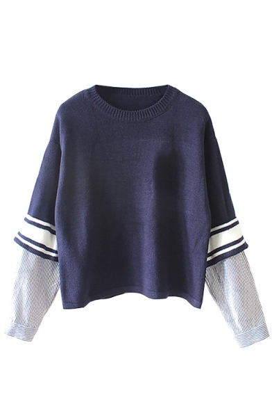 Stripe Print Shirt Sleeve Pull Over Sweater