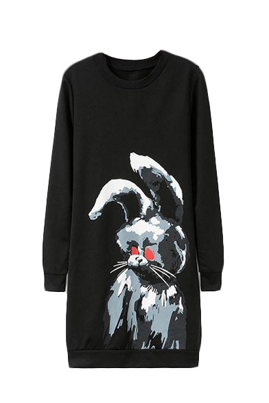 Black Rabbit Round Neck Long Sleeve T-Shirt Dress - Beautifulhalo.com