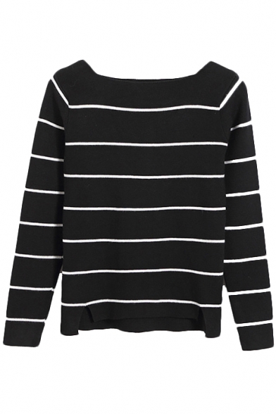 Boat Neck Striped Long Sleeve High Low Sweater