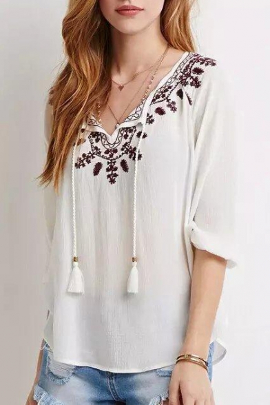 Drawstring Neck Half Sleeve Embroidery Blouse