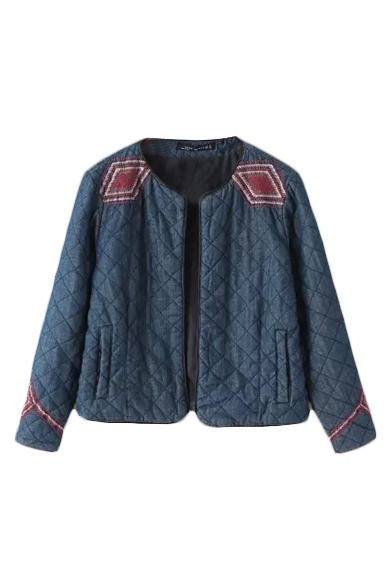Geometric Embroidery Shoulder Long Sleeve Open Front Quilted Denim Coat