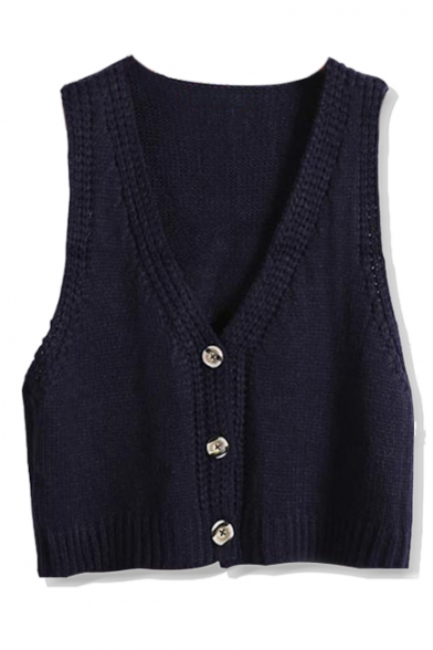 Plain V-Neck Single Breast Crop Knit Vest
