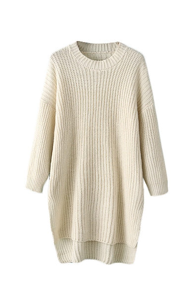 Round Neck High Low Long Sleeve Plain Sweater